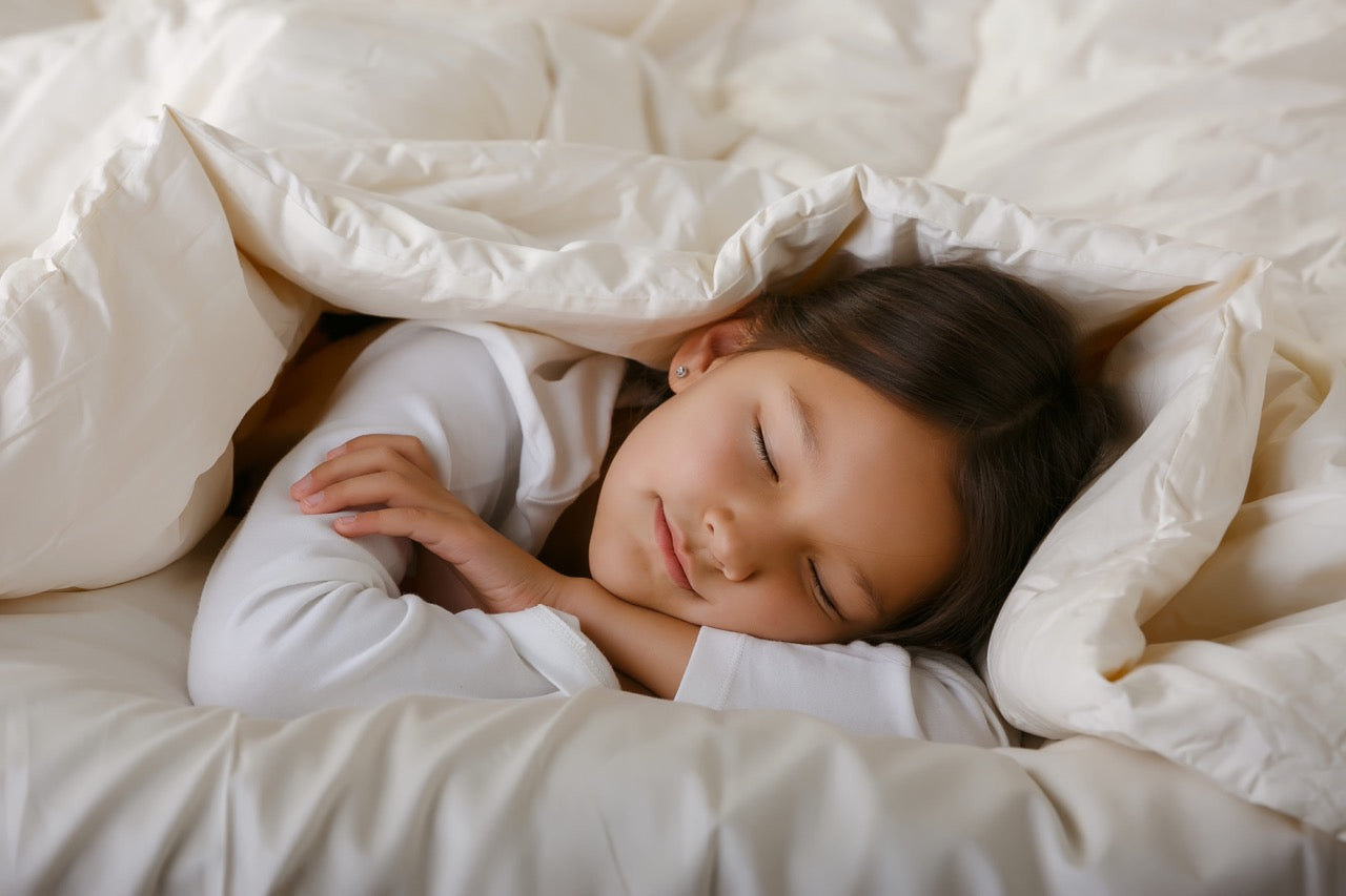 Girl sleeping under comforter