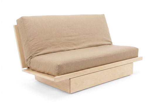 Shakotan full futon sofa bed in solid beech, Natural finish, angled view