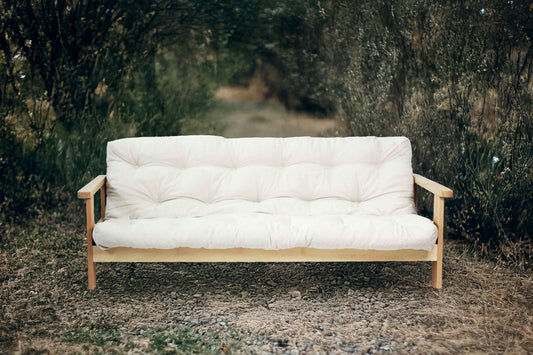 Bi-fold futon frame shown in sofa position