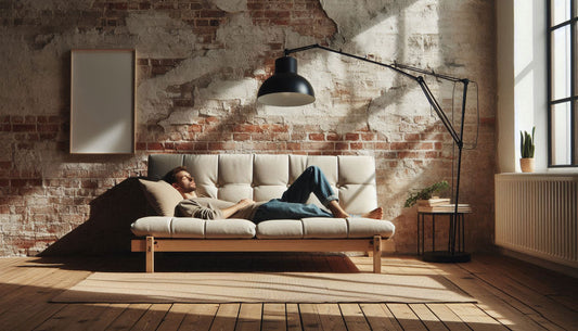 Futon sofa bed in seated and sleeping positions