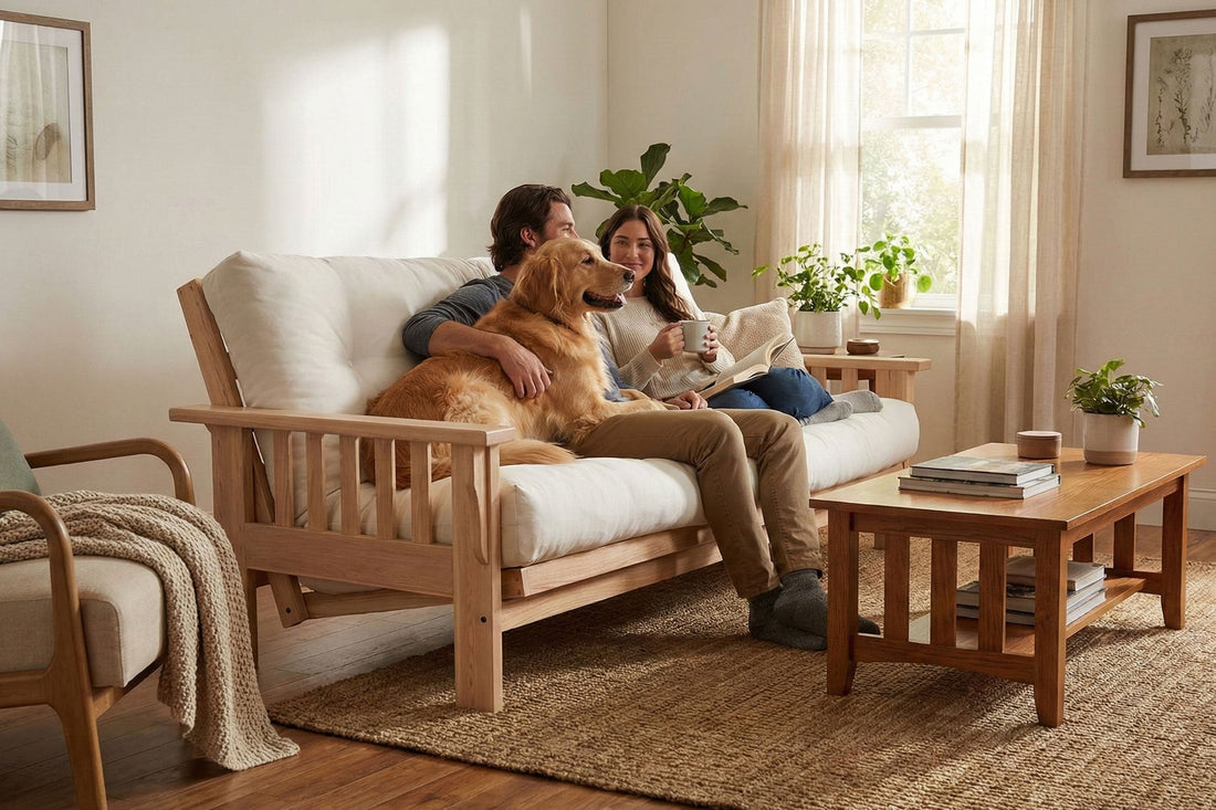 Happy Family with Dog on an Amish Futon Sofa