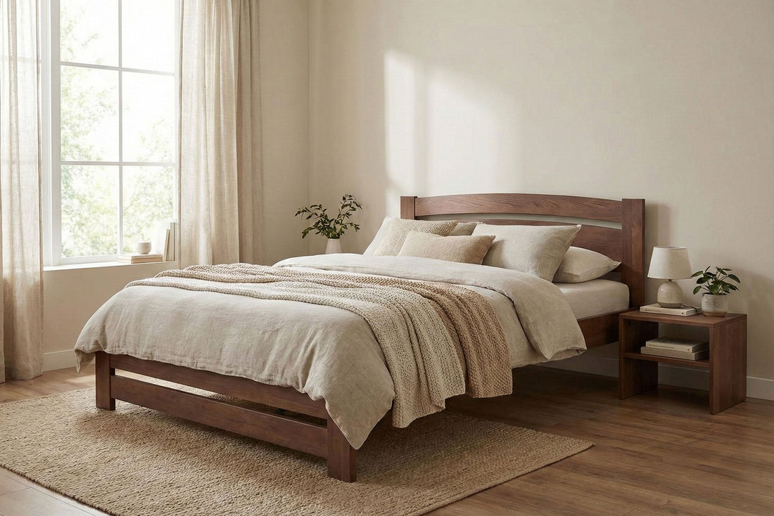 Japandi-style bedroom with low bed and wood tones