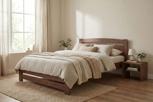 Japandi-style bedroom with low bed and wood tones