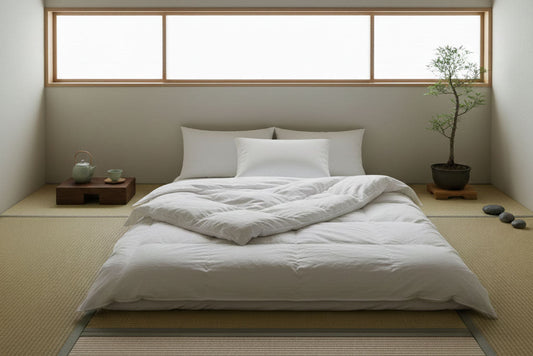 Shikibuton on tatami mats in a minimalist room