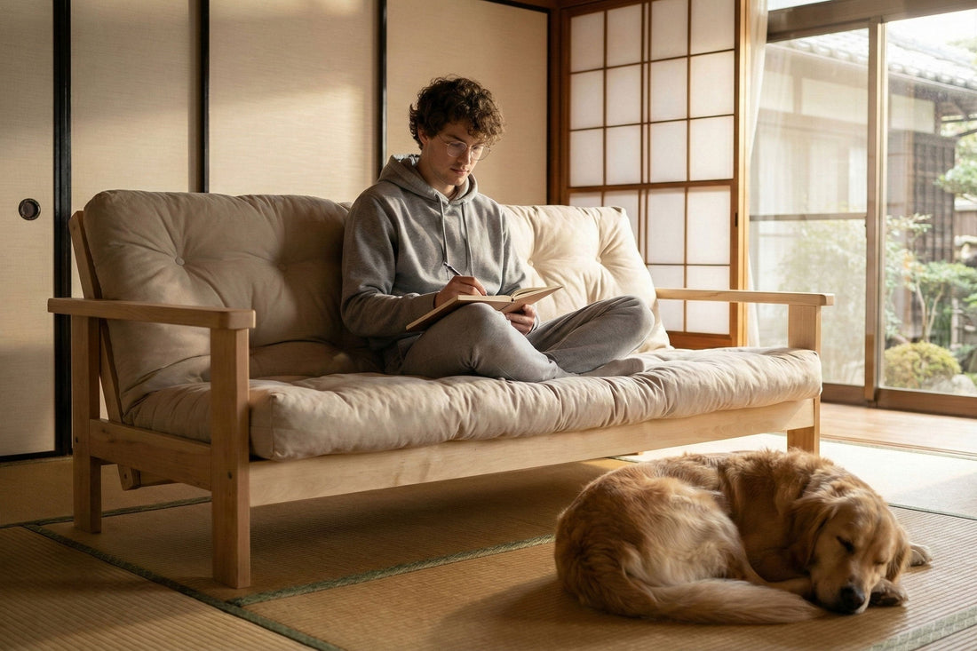 Man reading on a wooden futon sofa