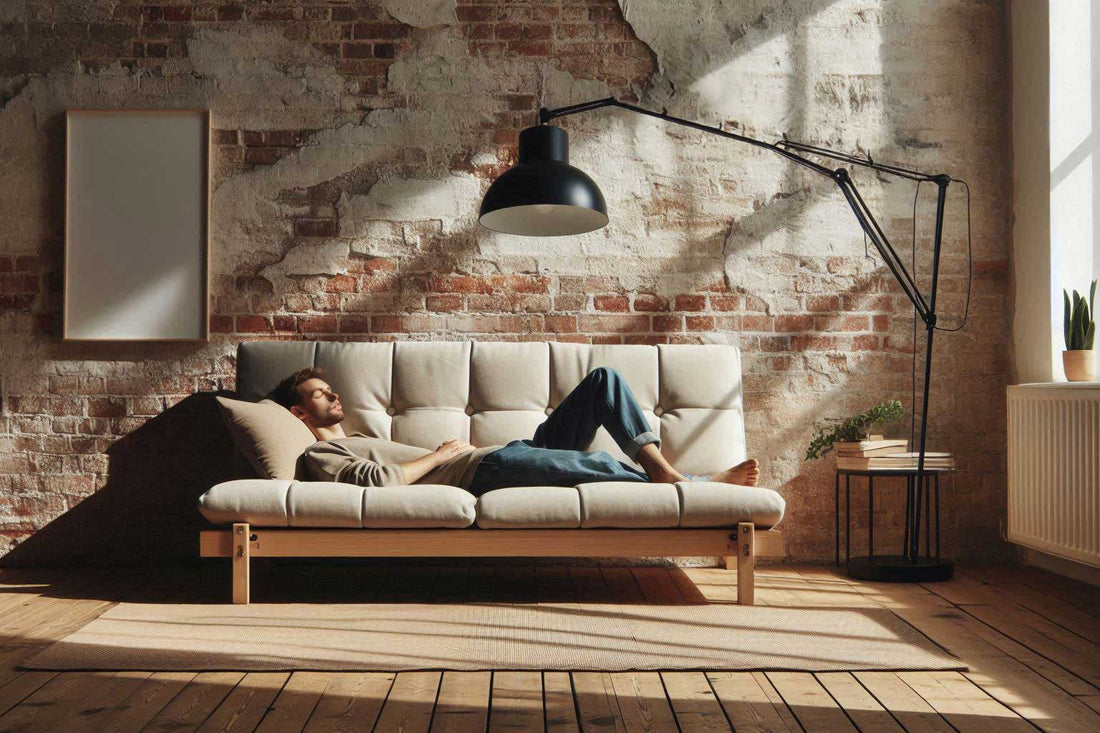 Man sleeping on a futon sofa bed