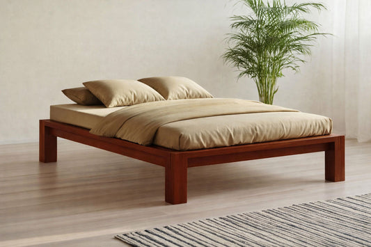 Minimalist platform bed frame in a simple bedroom