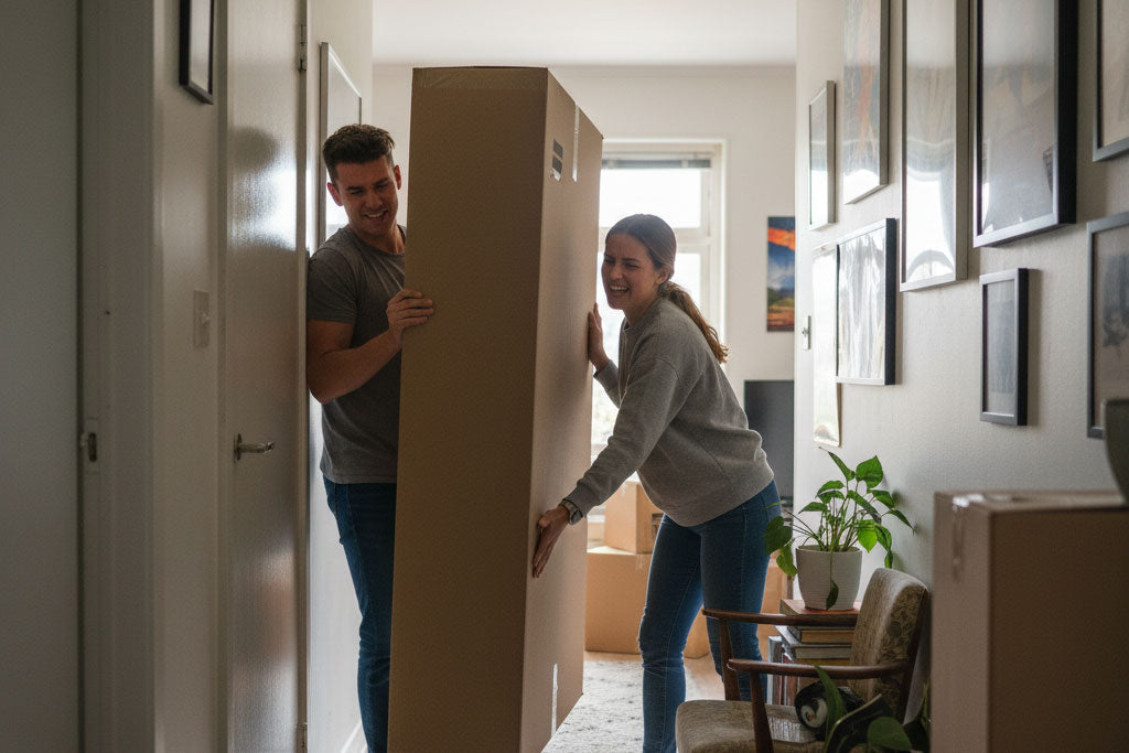 Young couple moving a large shipping box