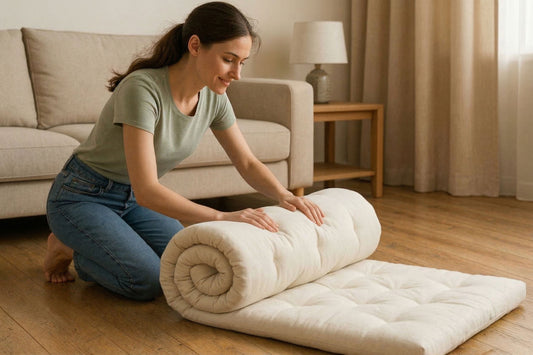 Floor mattress laid out in a minimalist room