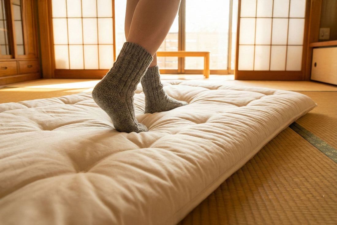 Person stepping on a shikibuton mattress
