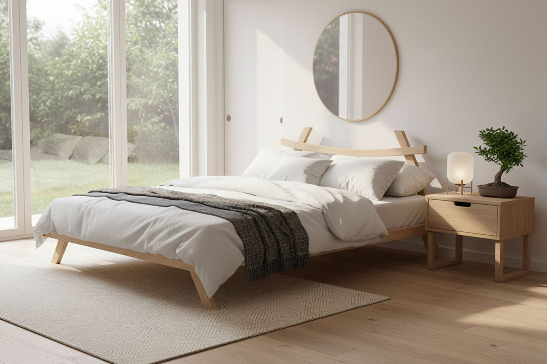 Solid wood platform bed frame with slatted base