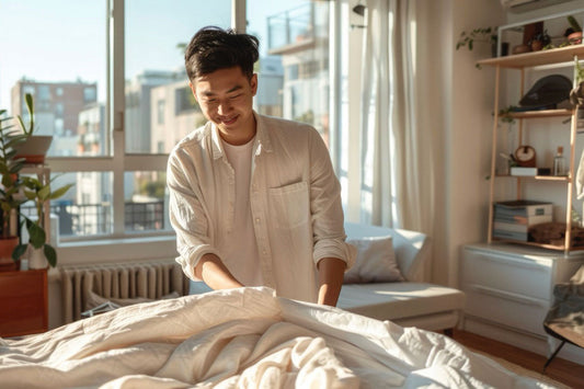 Person setting up bedding in a minimalist room