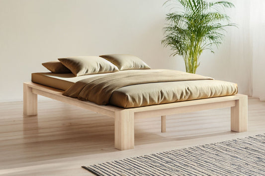 Minimalist platform bed frame in a simple bedroom
