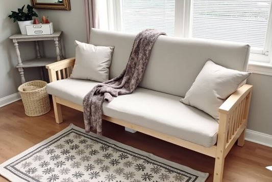Solid wood futon frame in a living room setting