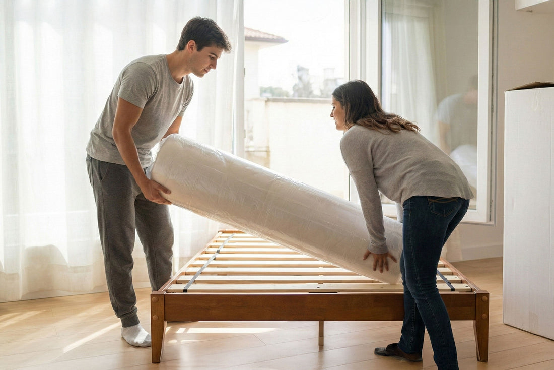 Couple unboxing a mattress in a bedroom