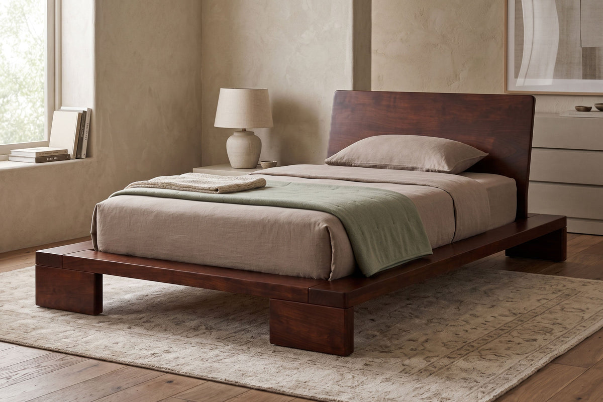 Twin size Japanese-style platform bed with mattress and bedding