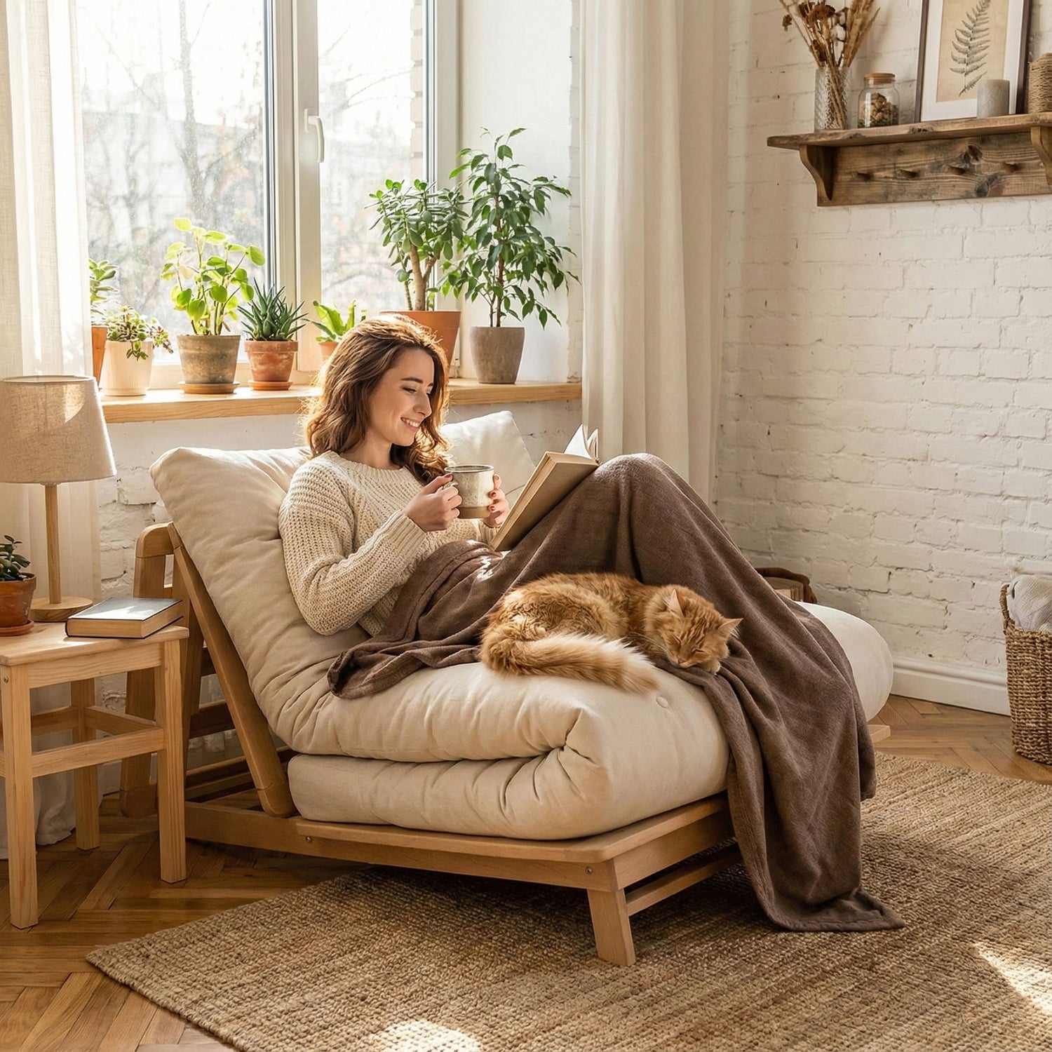 Hitachi Tri-Fold Futon Sofa Bed • Natural