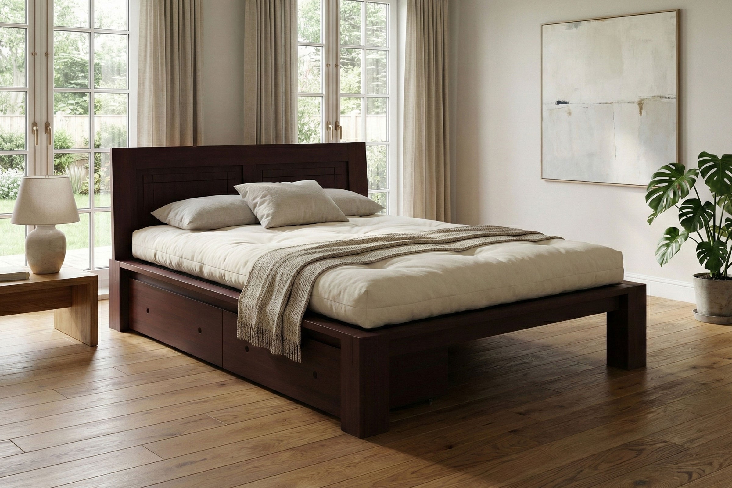 Japanese Tatami Platform Bed with Grooved Headboard • Antique Mahogany