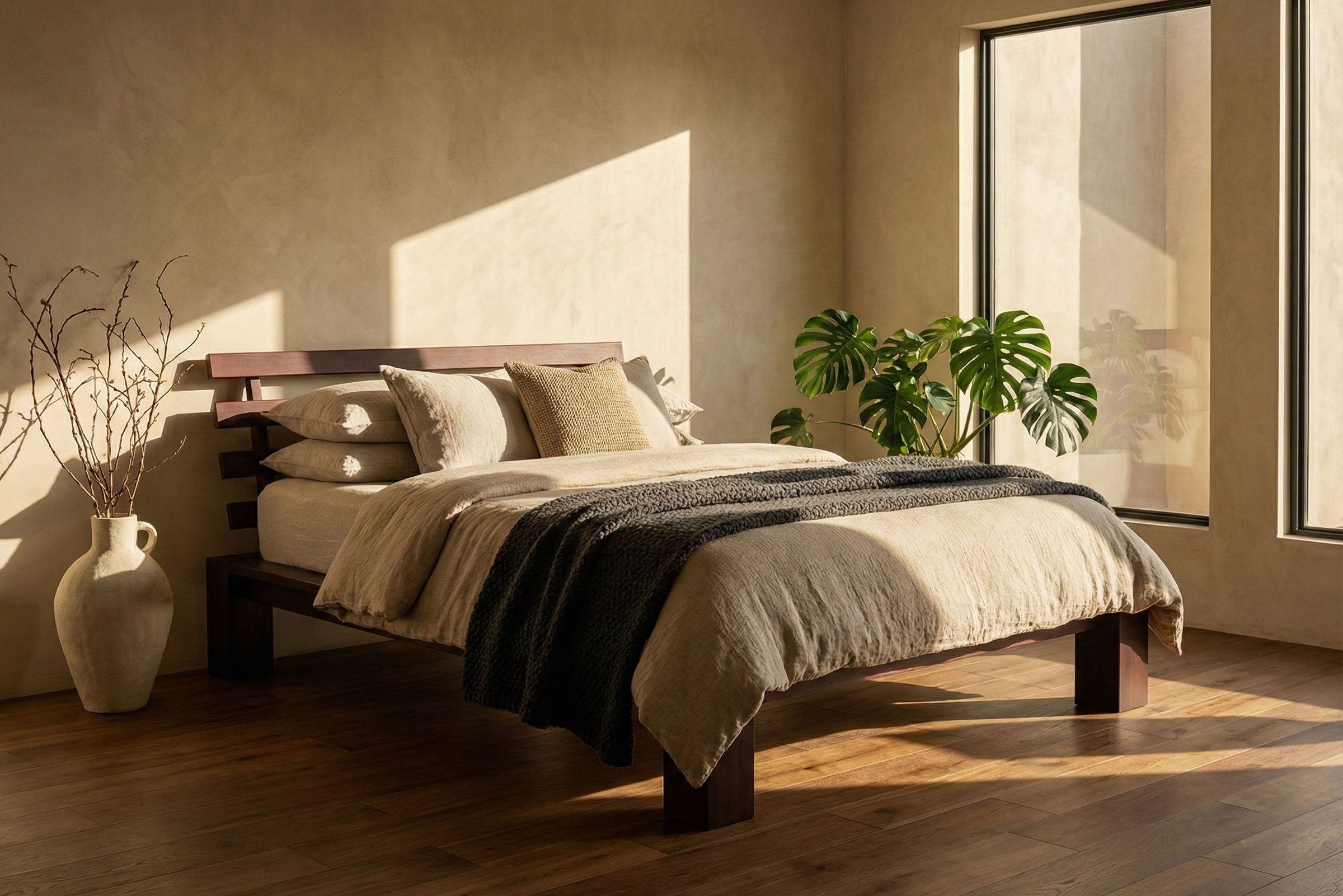 Japanese Tatami Platform Bed with Slatted Headboard • Antique Mahogany