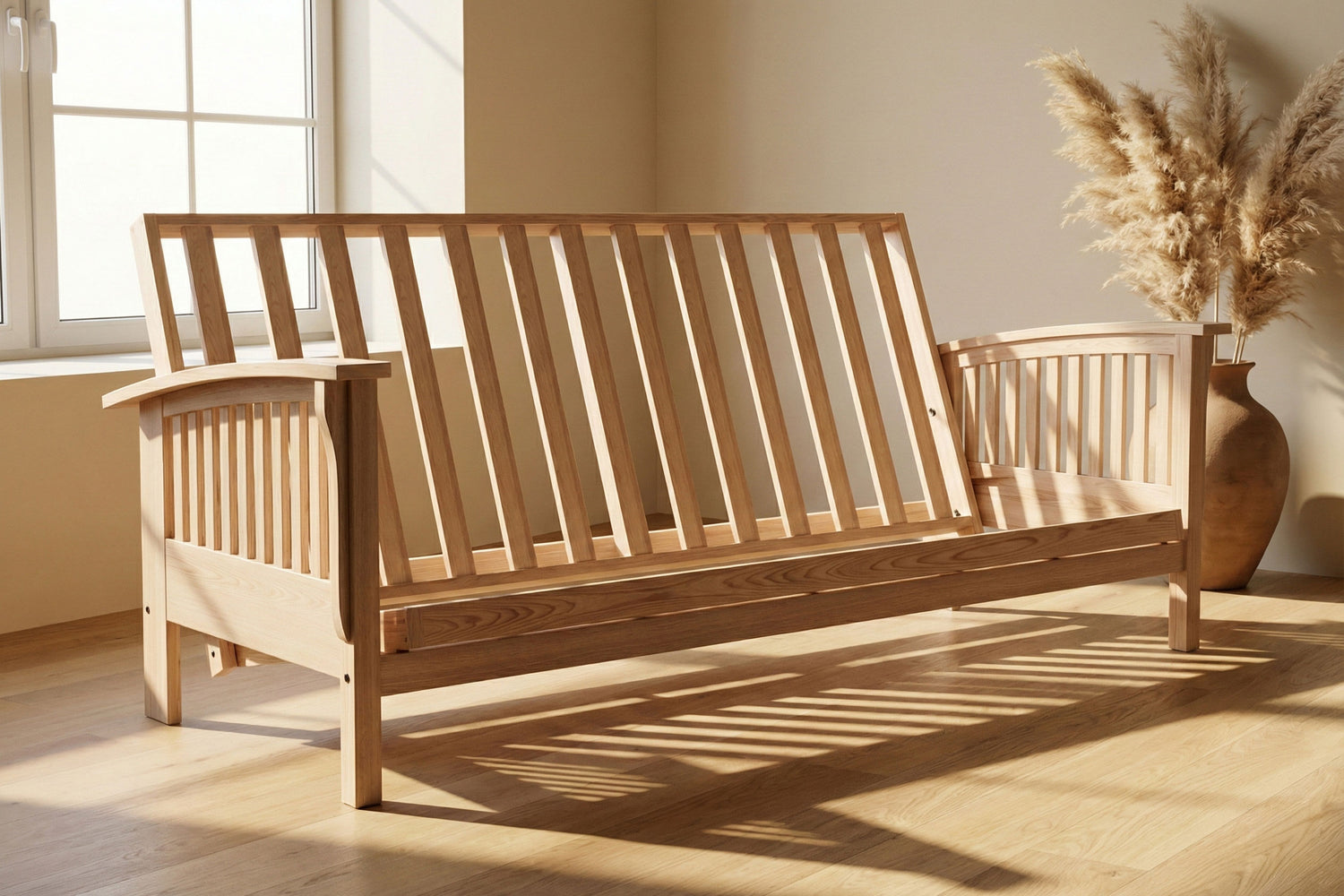 Wooden futon sofa frame in a room with natural light and decor elements