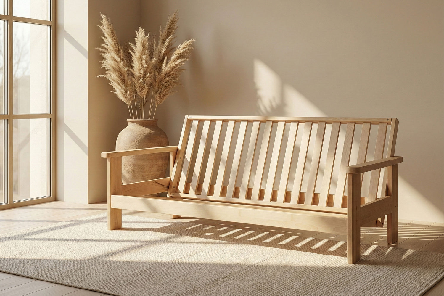 Wooden futon frame in a sunlit room.