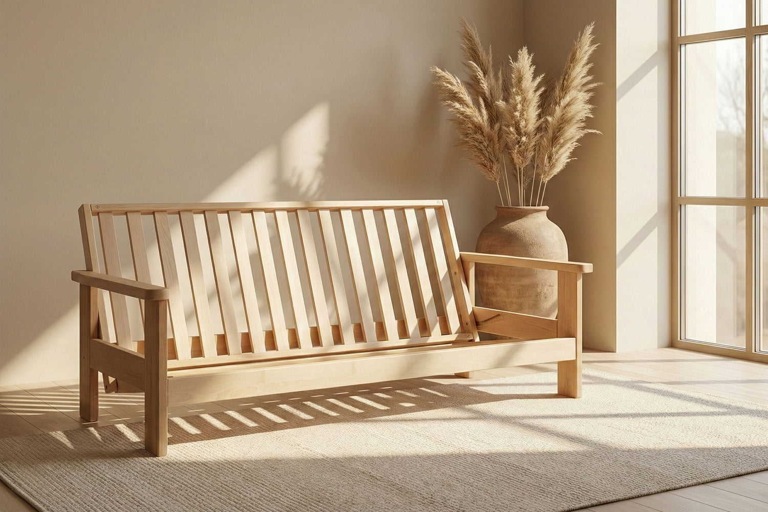 Wooden futon frame with a vase of pampas grass in a sunlit room