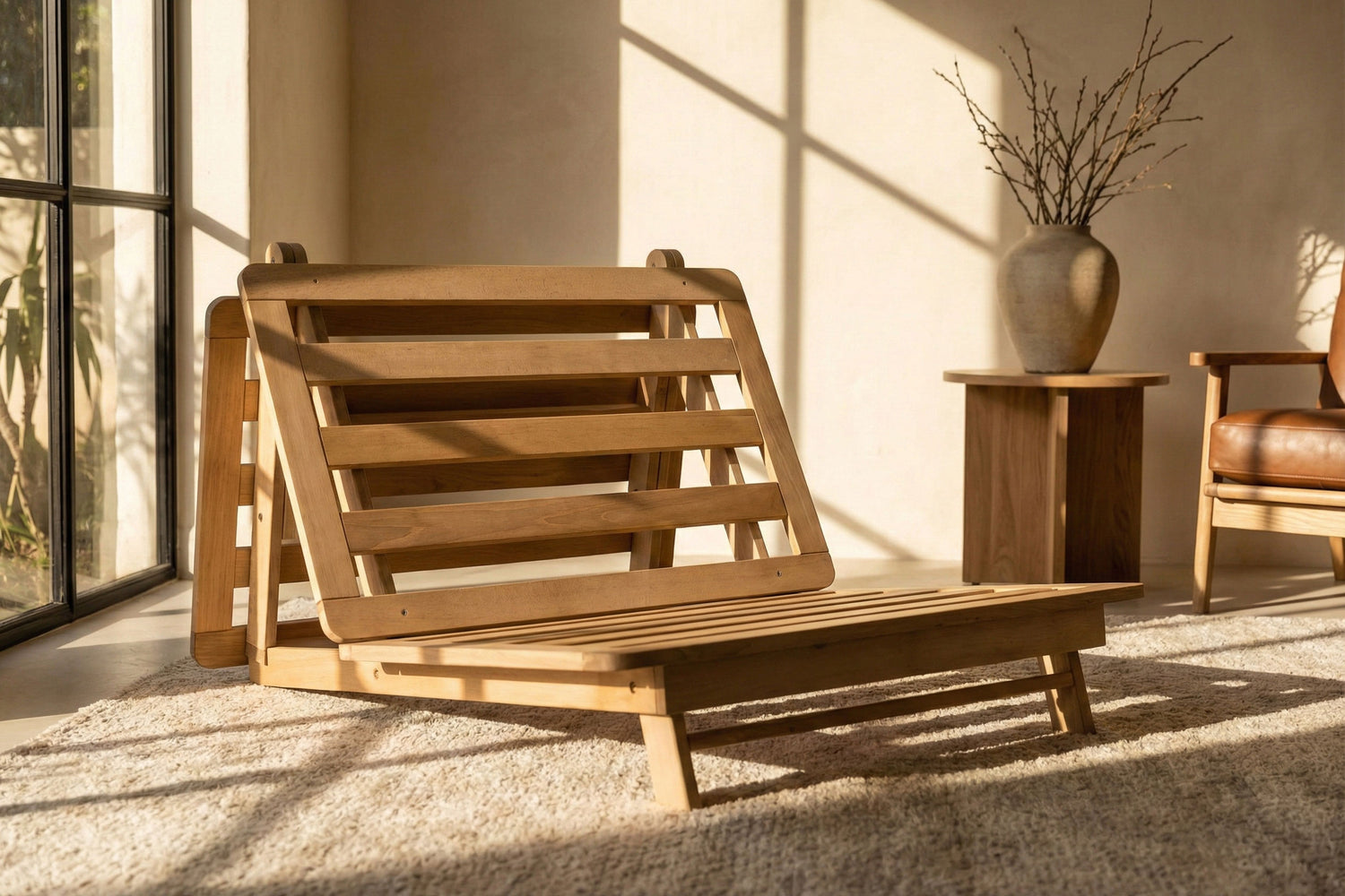 Wooden lounge chair in a sunlit room with a vase on a side table