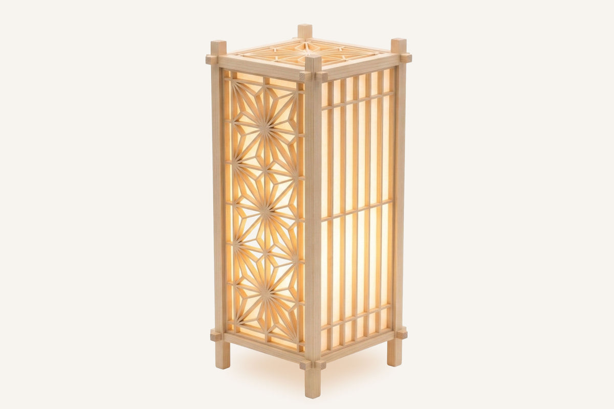 Japanese-style Shoji Kumiko tall lamp in Hinoki wood, lit