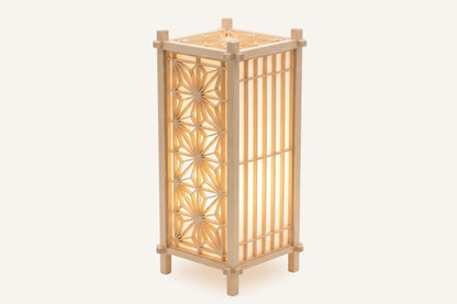 Japanese-style Shoji Kumiko tall lamp in Hinoki wood, lit