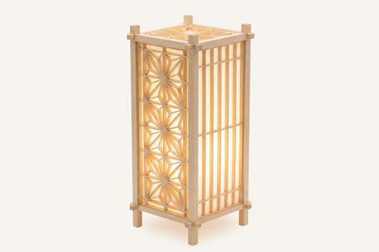 Japanese-style Shoji Kumiko tall lamp in Hinoki wood, lit