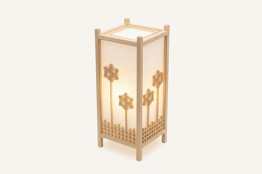 Japanese-style Shoji Kumiko flower-pattern lamp in Hinoki wood, lit