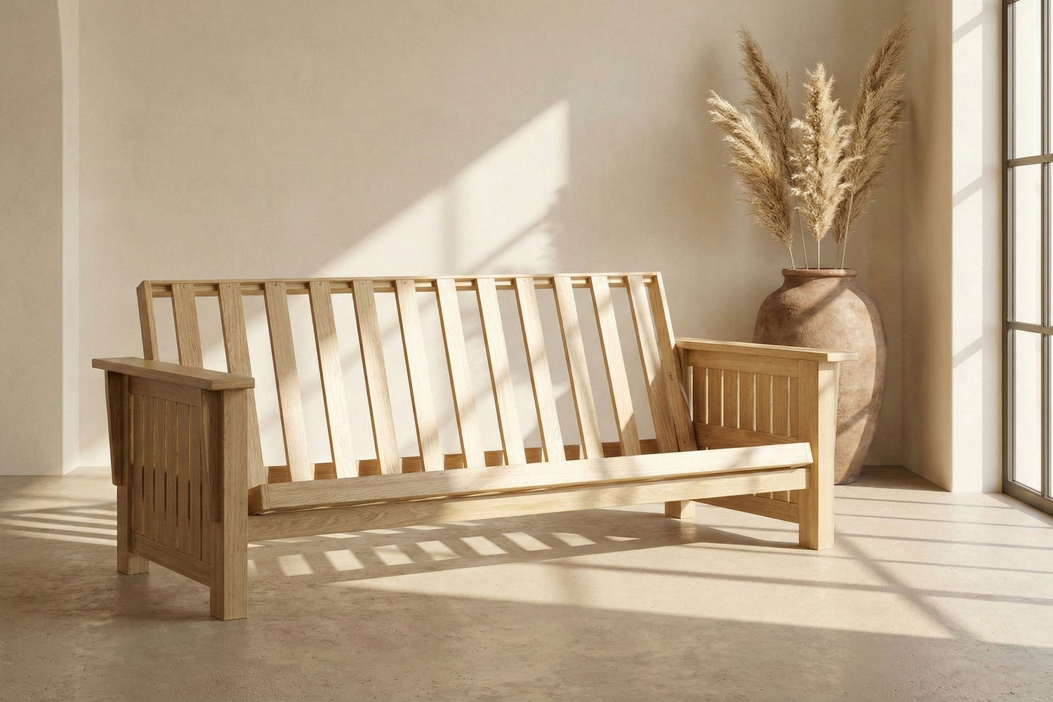 Wooden futon frame in a room with sunlight casting shadow