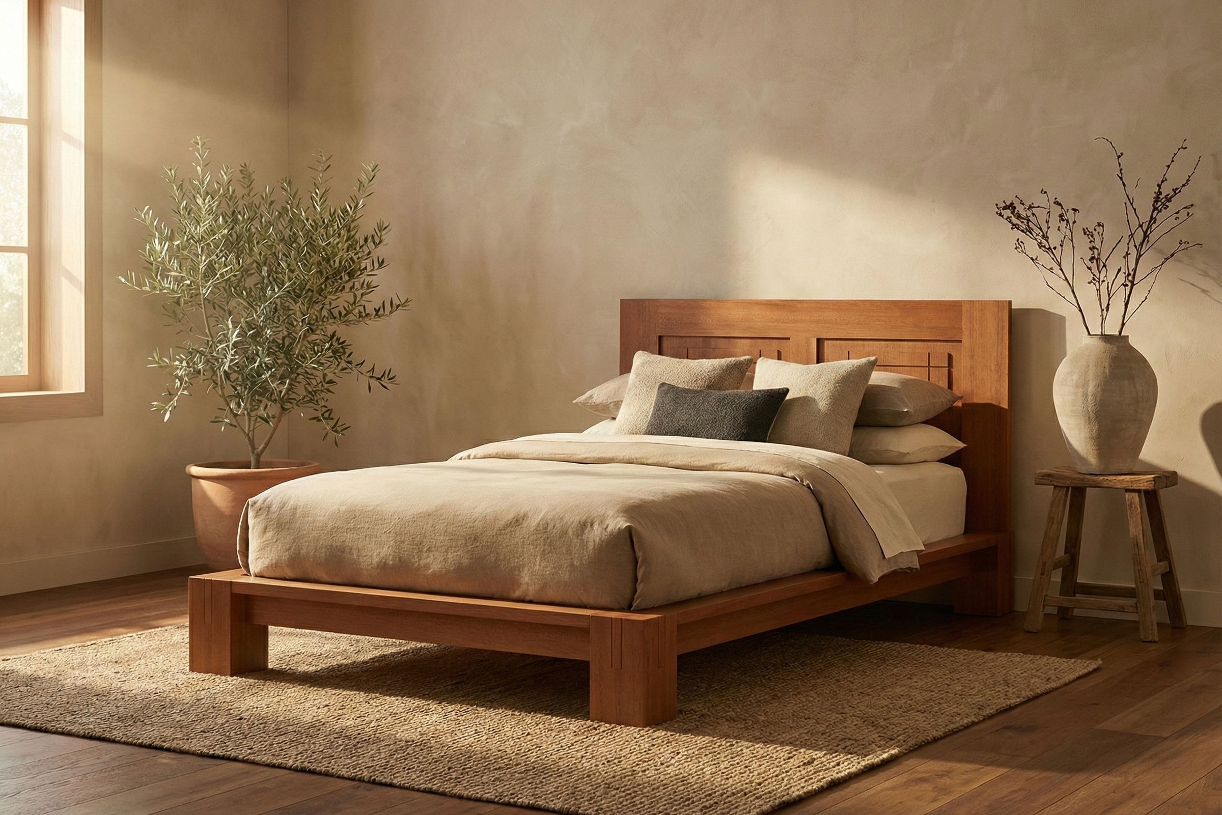 Japanese Tatami Platform Bed with Grooved Headboard • Natural Mahogany