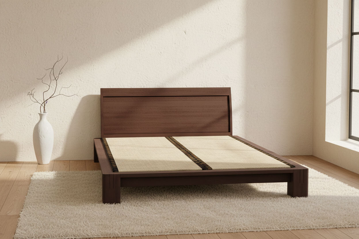 Japanese Tatami Platform Bed with Solid Headboard • Walnut