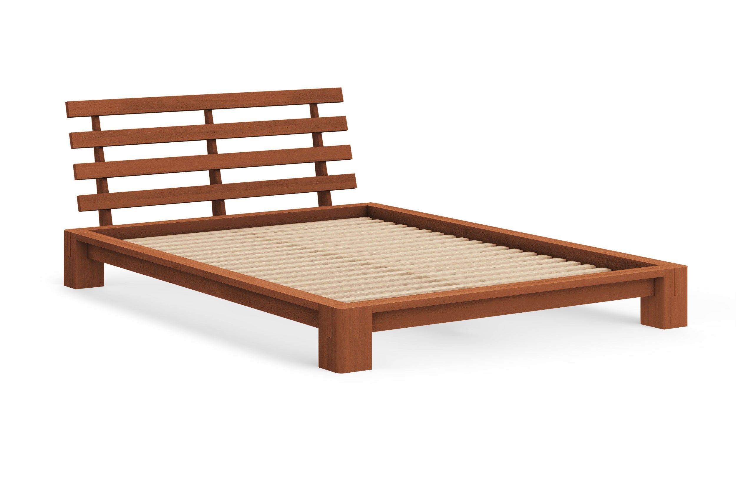 Japanese Tatami Platform Bed with Slatted Headboard - Solid