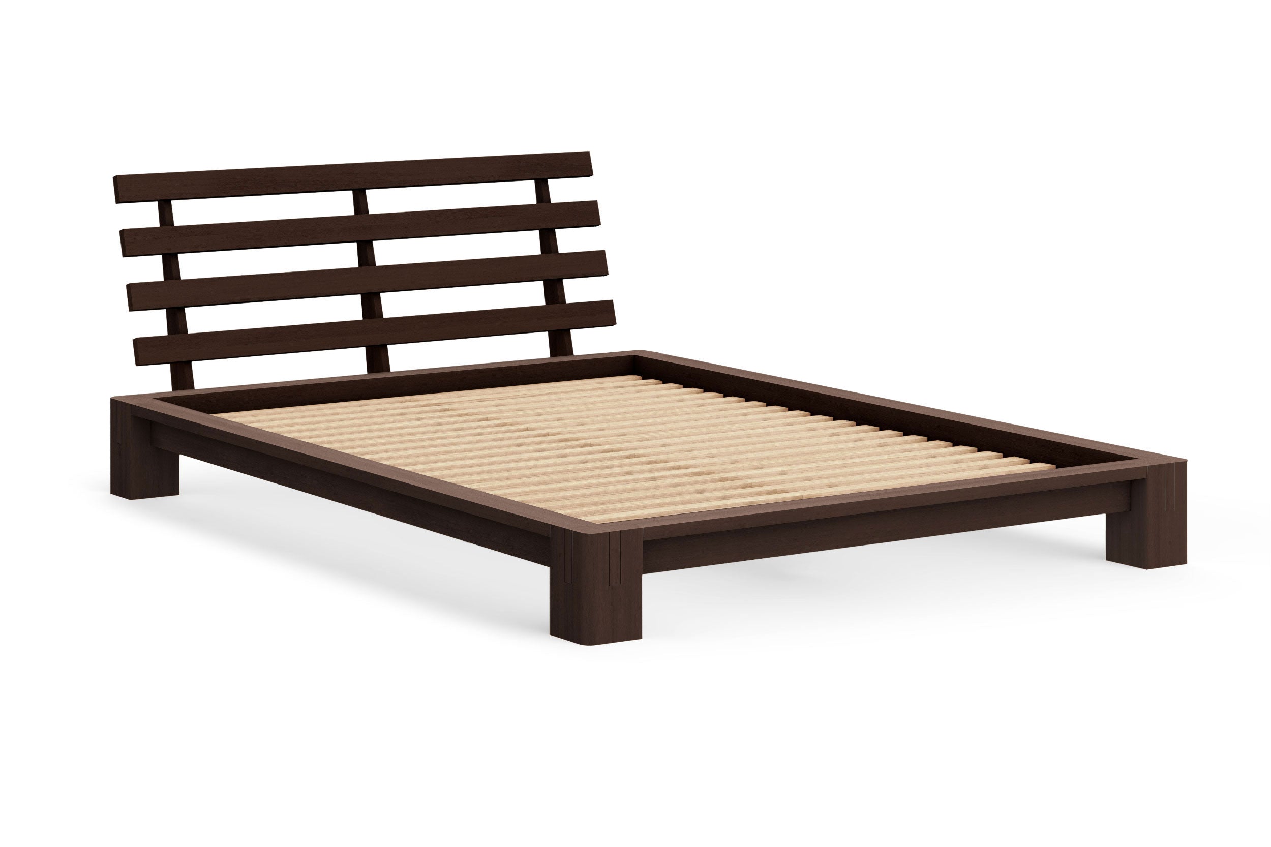 Japanese Tatami Platform Bed with Slatted Headboard - Solid