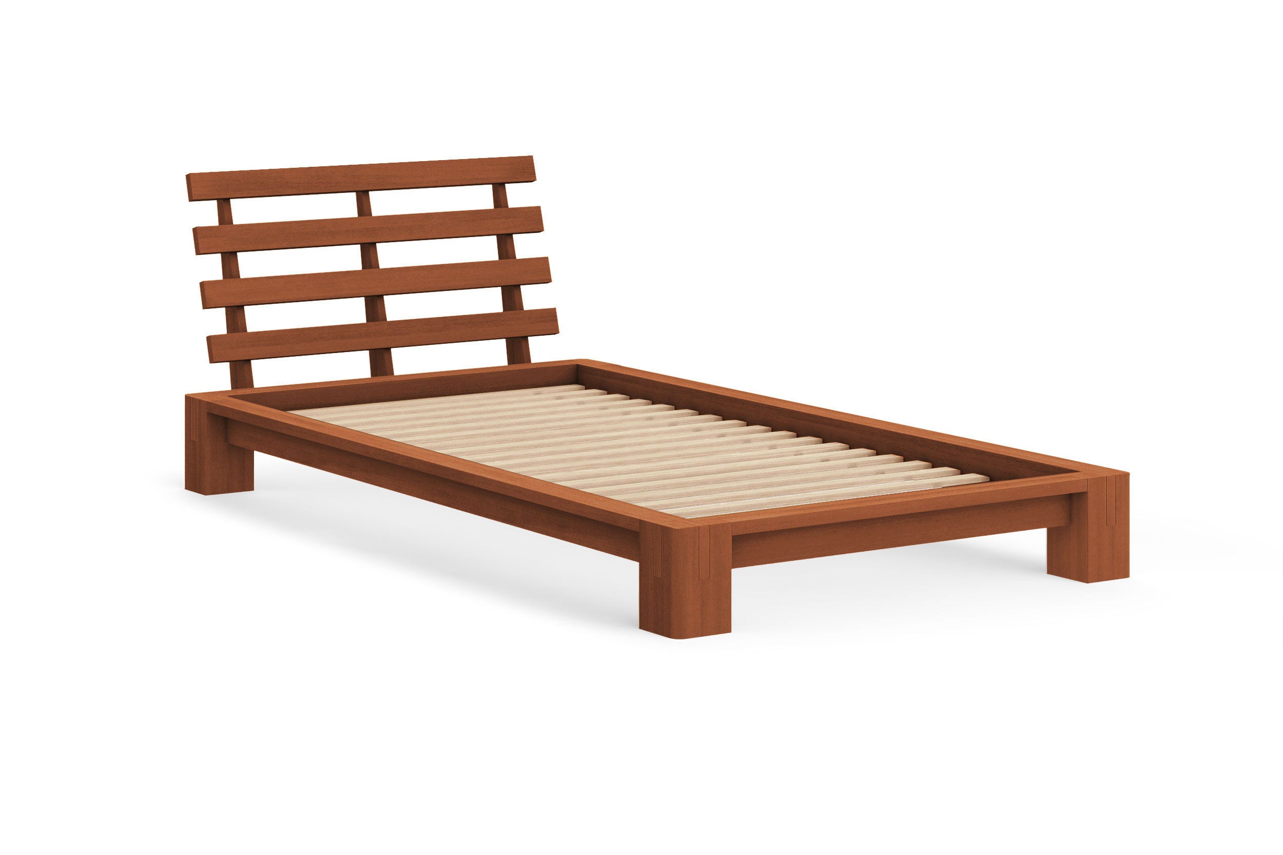 Japanese Tatami Platform Bed with Slatted Headboard - Solid