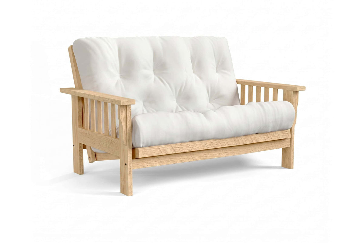 Amish Mission Flat Arm futon loveseat in rough oak, Clear finish