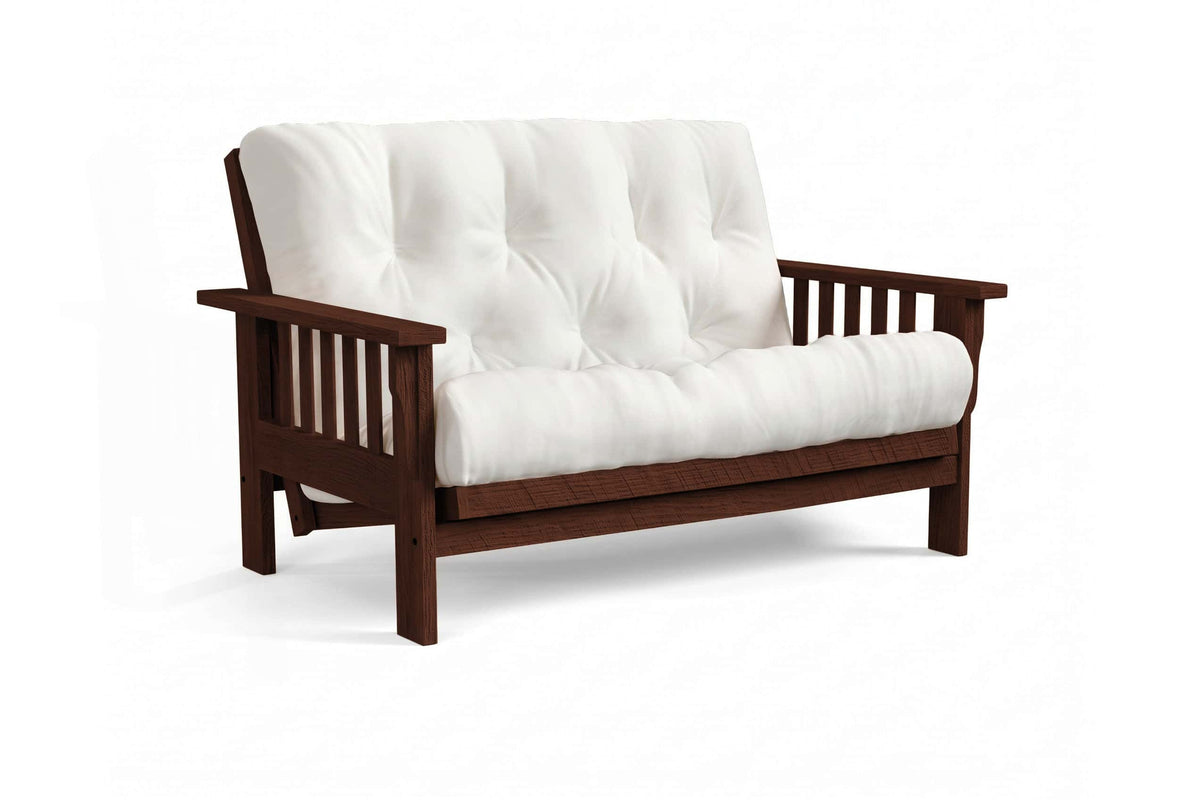 Amish Mission Flat Arm futon loveseat in rough oak, Onyx finish