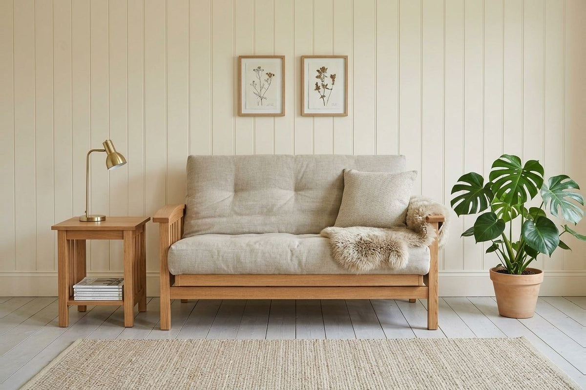 Mission Flat Arm Amish Futon Loveseat and End Table • Oak • Seely
