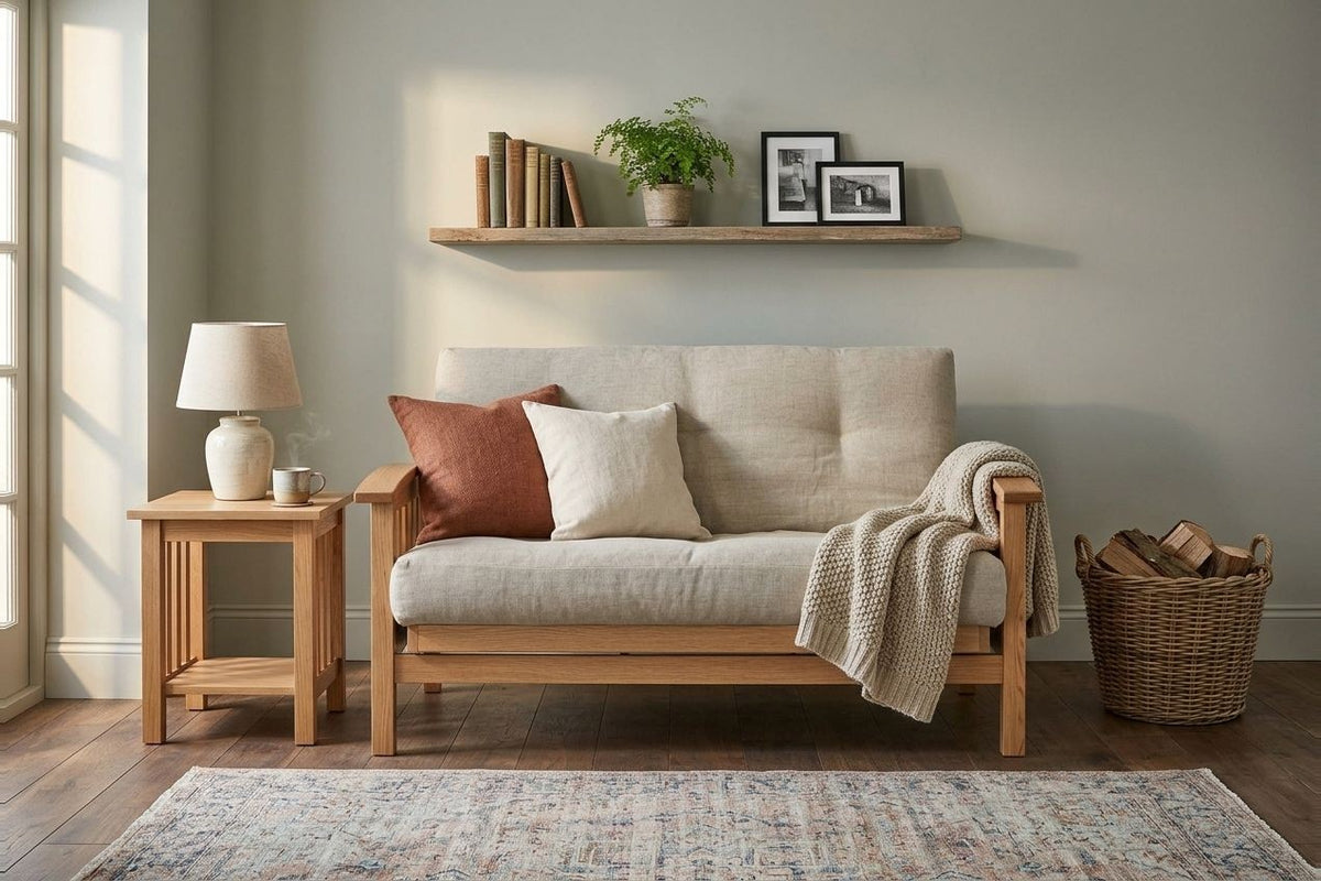 Mission Bent Arm Amish Futon Loveseat and End Table • Oak • Seely