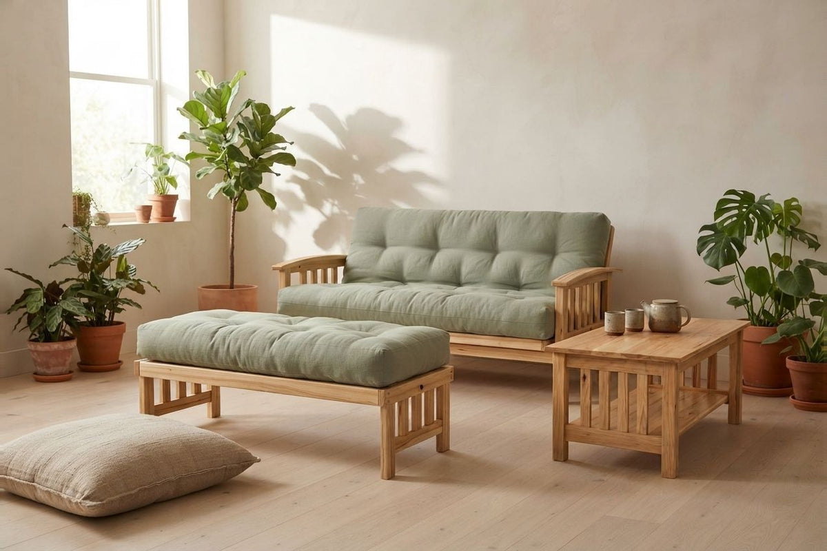 Mission Flat Arm Amish Futon Loveseat, Ottoman, and Coffee Table • Hickory • Unfinished