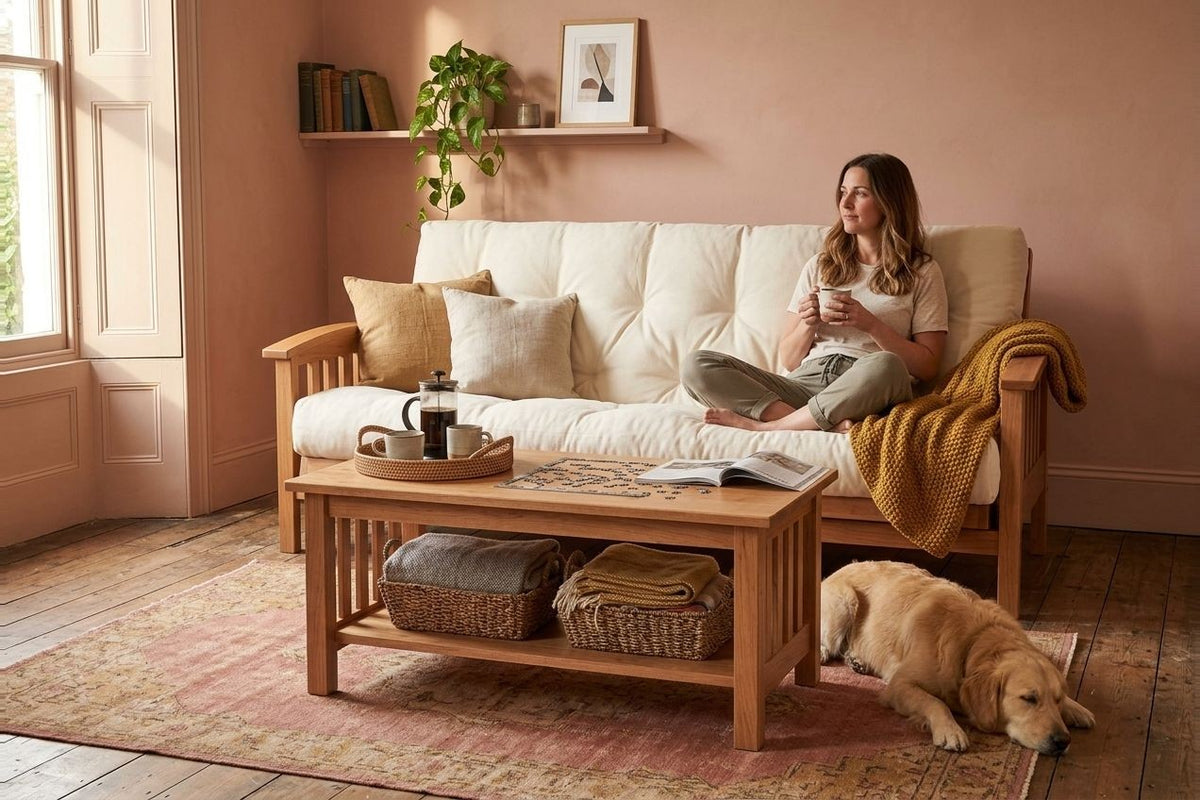 Mission Bent Arm Amish Futon Sofa Bed and Coffee Table • Cherry • Linseed Oil