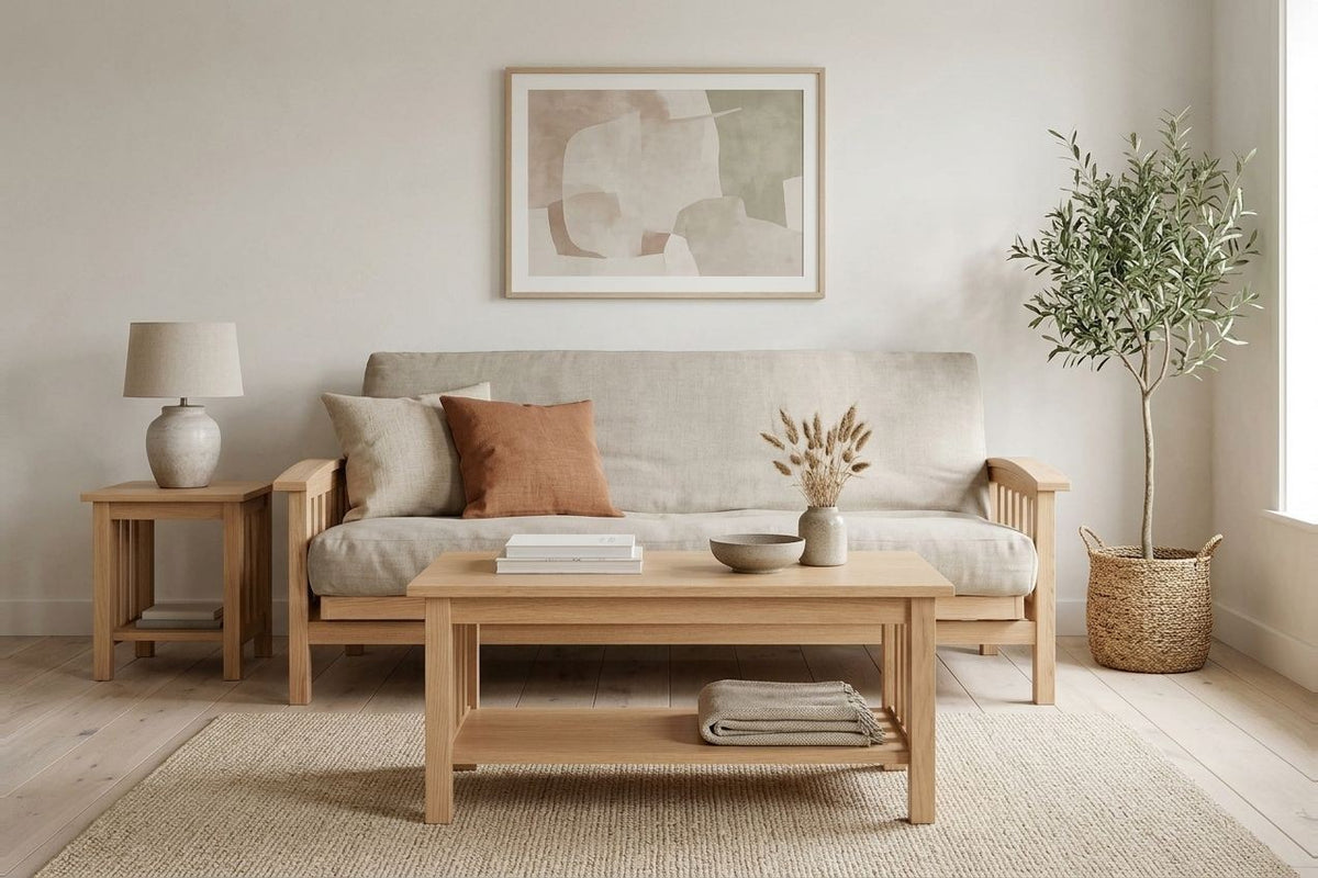 Mission Flat Arm Amish Futon Sofa Bed, Coffee Table, and End Table • Oak • Linseed Oil