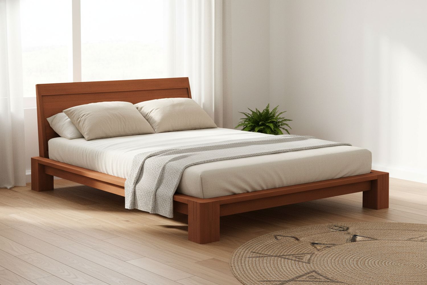 Japanese Tatami Platform Bed with Solid Headboard • Natural Mahogany