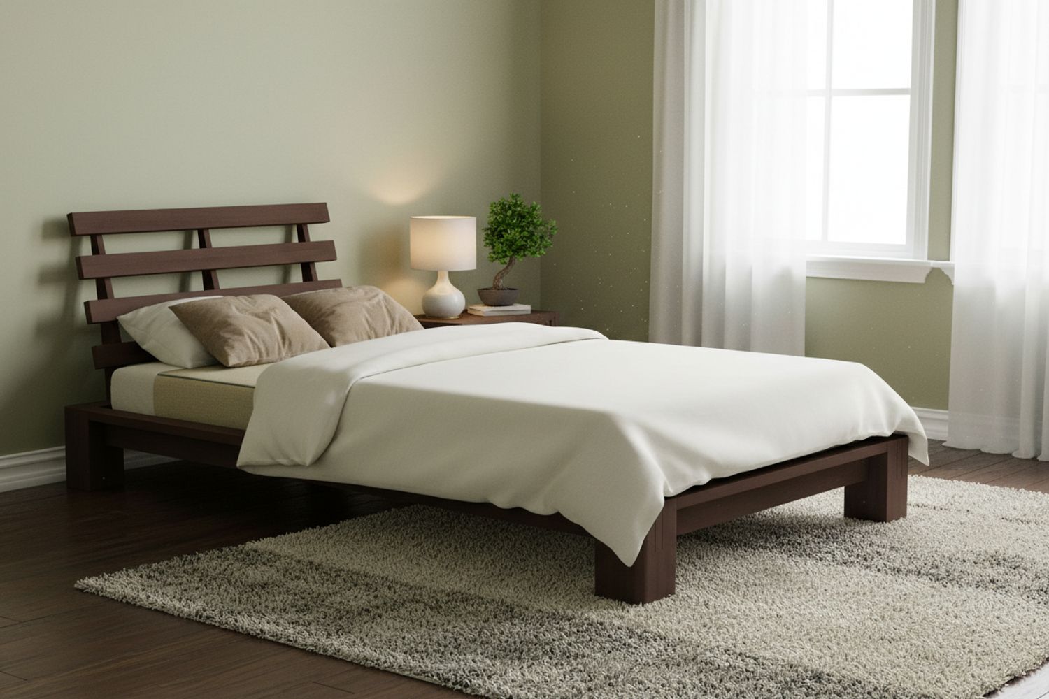 Japanese Tatami Platform Bed with Slatted Headboard • Walnut