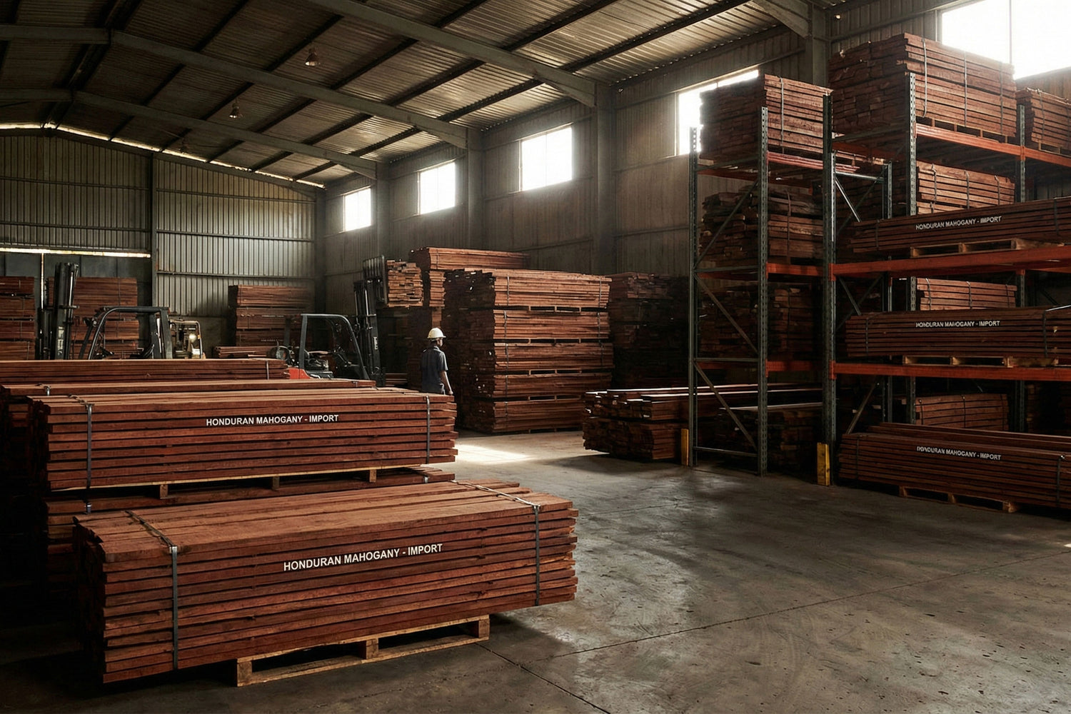 Mahogany hardwood in a warehouse